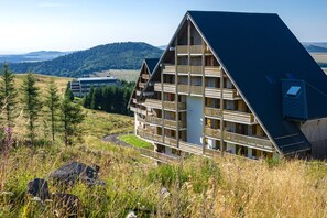 A multi-story wooden chalet with balconies, set in a mountainous landscape.