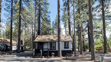 A cabin with a porch, a barbecue grill, and picnic tables in a forested campground.