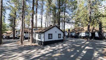 A white cabin with a black roof surrounded by tall pine trees.