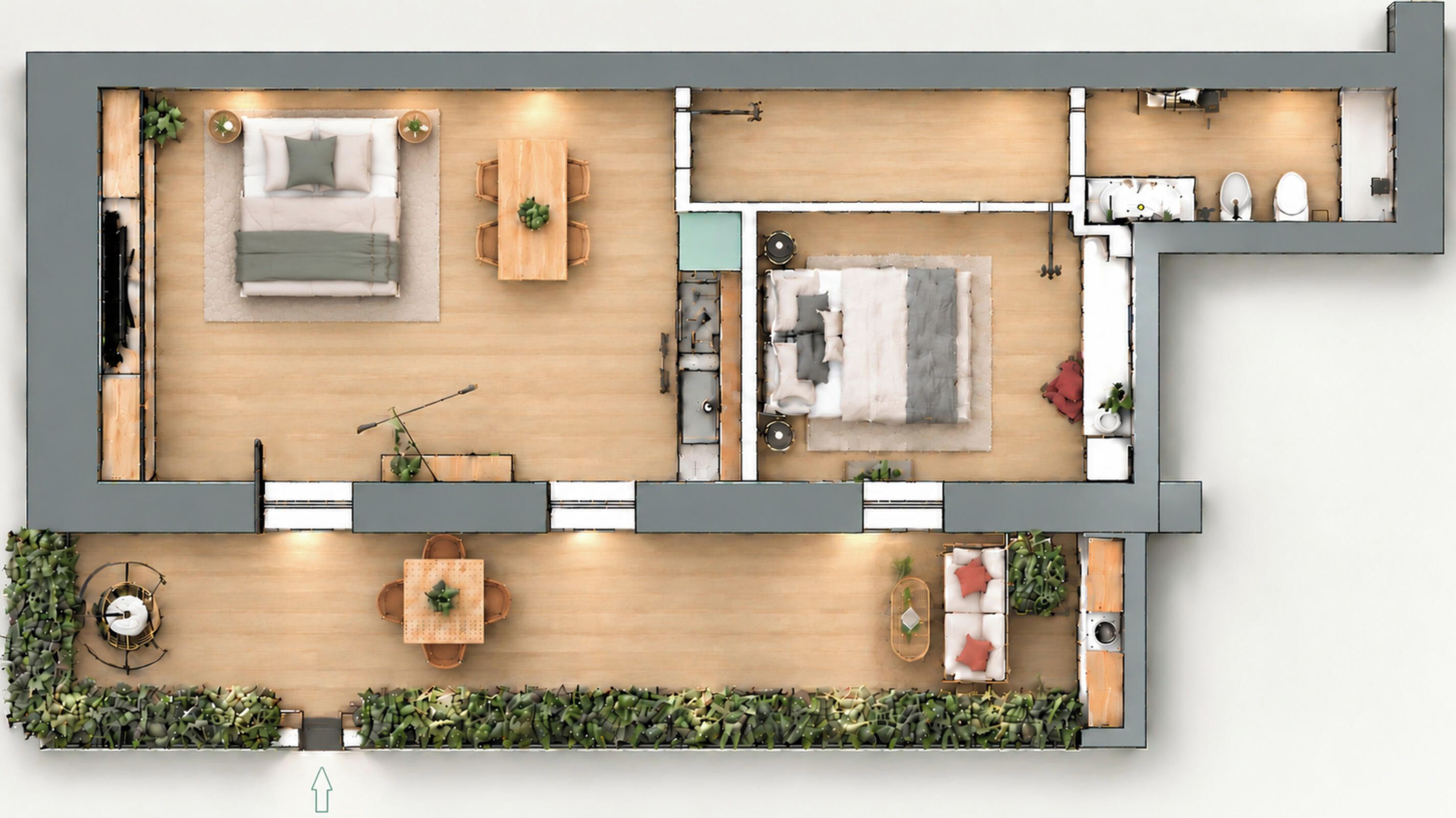 A floor plan of a hotel with a living area, dining space, and a bedroom.