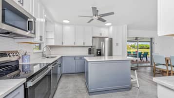 A modern kitchen with white cabinets, stainless steel appliances, and a large island.