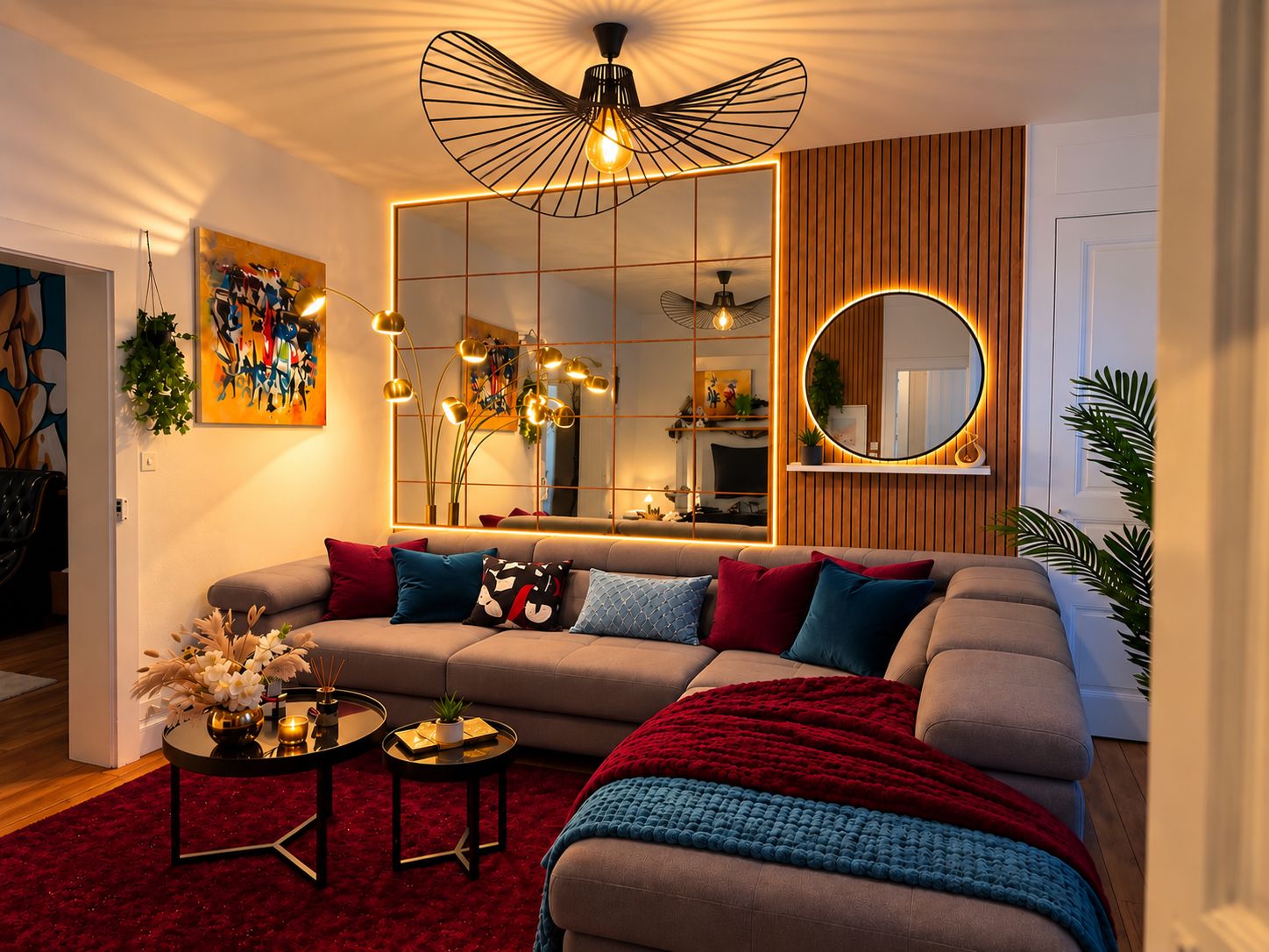 Una sala de estar moderna con un sofá, una mesa de centro y almohadones decorativos.