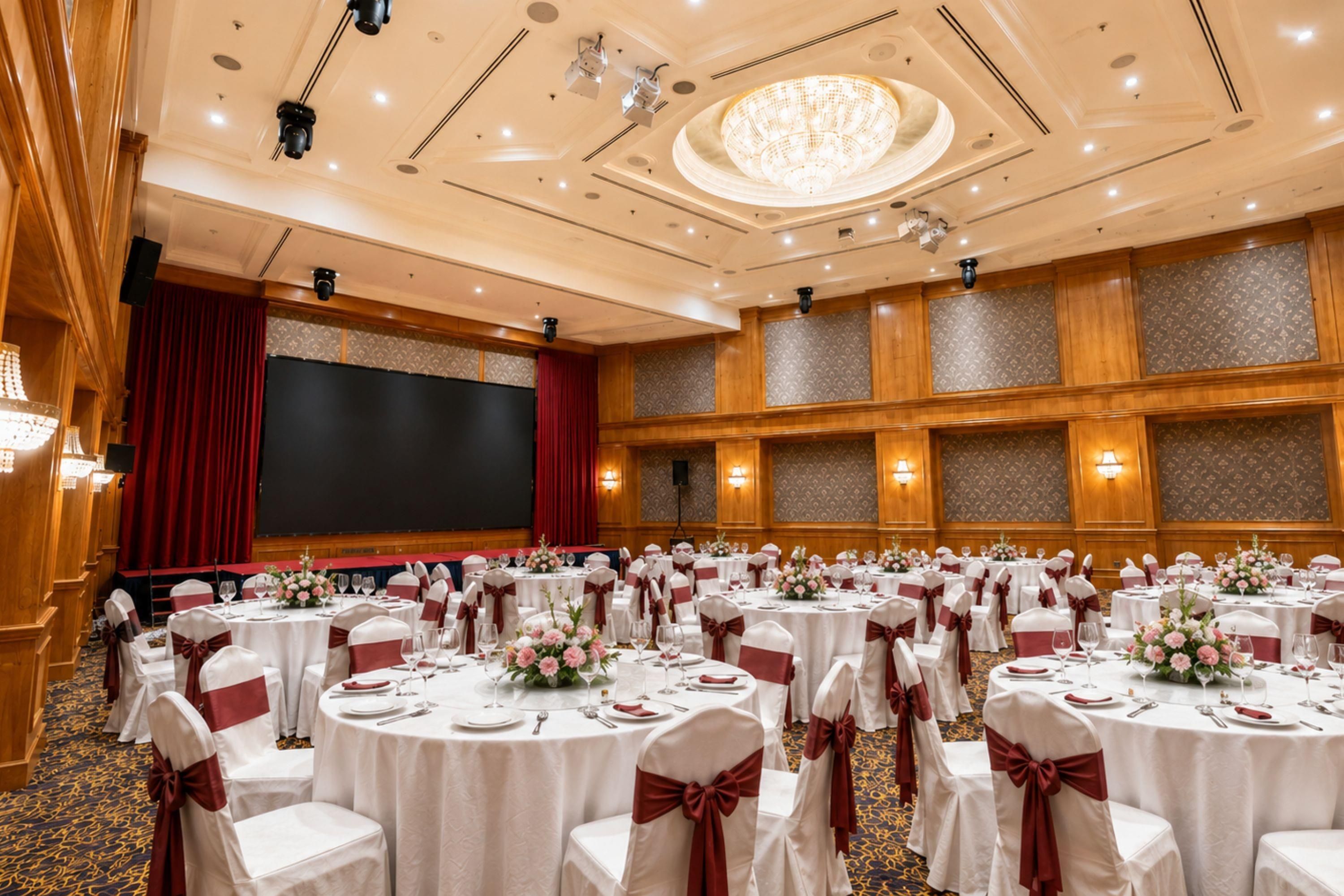A banquet hall with round tables, white tablecloths, and red sashes.