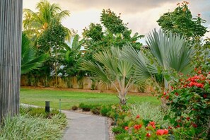 Ein Gartenweg mit Palmen und roten Blumen.