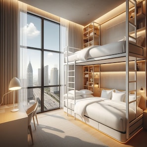 Een moderne slaapkamer met stapelbedden, een bureau en een groot raam met uitzicht op de stad.