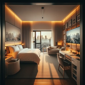 Een hotelkamer met een bed, bureau, stoel en een groot raam met uitzicht op de stad.