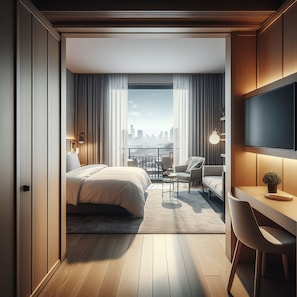 Een moderne hotelkamer met een bed, zithoek, bureau en televisie.