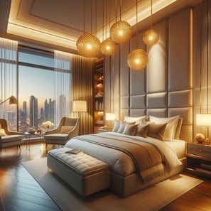 Een moderne slaapkamer met een groot bed, stadszicht en een bijzondere plafondlamp.