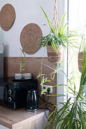 A kitchen counter with a coffee maker, a hanging plant, and a wall with circular woven decorations. - Le Soleil d'Aléry - Annecy - 2 Bedrooms - Garage (Annecy)
