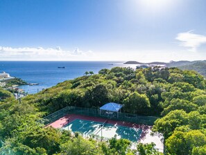 A tennis court surrounded by lush greenery and a view of the ocean. - Bellevue Estate- 6BR New remodel w/Restoration Hardware & Tennis (St. Thomas)