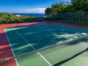 Un court de tennis avec un filet, entouré d’une clôture verte et d’arbres.