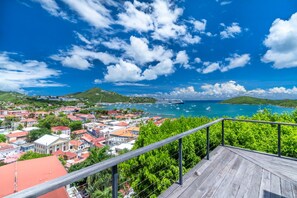 Eine Küstenstadt mit Blick auf das Meer, einem Kreuzfahrtschiff und üppigem Grün.