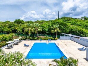 A rectangular swimming pool with a clear blue water surface, surrounded by lounge chairs and umbrellas. - 1BR condo on Sapphire Beach - sleeps 4! (St. Thomas)