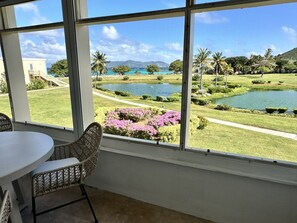 A room with a large window overlooking a landscaped garden with a pond, flowers, and a distant view of a building and mountains. - 1BR Condo On the Beach! Sleeps 4 (St. Thomas)