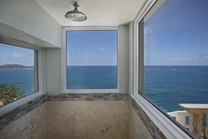Ein Zimmer mit großem Fenster und Meerblick, eine Duschbrause und eine Aussicht auf das entfernte Land.
