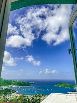 A view of a coastal town with a marina, boats, and a clear blue sky. - Incredible 3 BR Villa with Fabulous 160º Views of Charlotte Amalie Harbor! (St. Thomas)