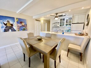 Stylish dining area for 6 with cold AC - 2br on Cowpet Beach w/Huge pool & 2 restaurants! (St. Thomas)