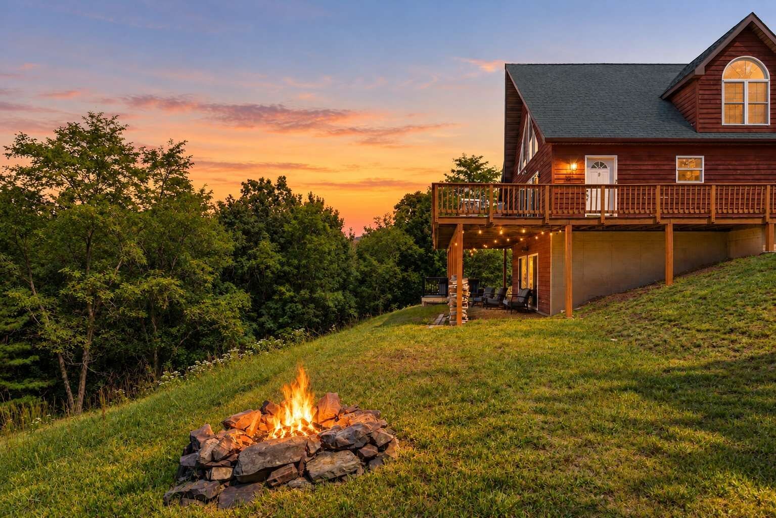 A two-story wooden house with a balcony, a fire pit, and a grassy yard.