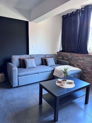 A modern living room with a grey sofa, a black coffee table, and a potted plant. - Beautiful, bright 59-square-meter apartment in the heart of Bellevue. (Saint-Étienne)