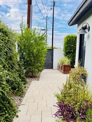 A paved pathway leading to a gated entrance, flanked by lush greenery and a white wall.