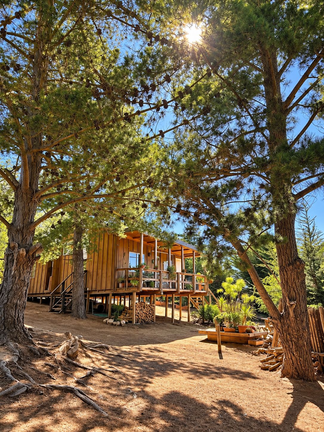 Una cabaña de madera con varios niveles, rodeada de árboles y suelo de tierra.
