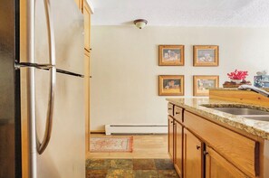 A kitchen with a stainless steel refrigerator, wooden cabinets, granite countertops, a built-in sink, and a wall-mounted ceiling light. - Beautiful 3Bd 4Bt townhome in Breckenridge perfect for mountain sports getaways (Breckenridge)