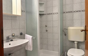 Ein Badezimmer mit Waschbecken, Toilette und Dusche.