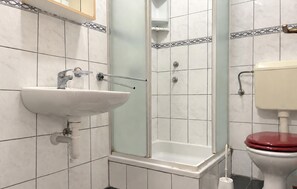 Een badkamer met een wastafel, douche en toilet.