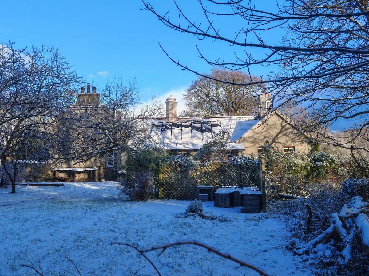 A snow-covered yard with a house, a fence, and a chimney.
