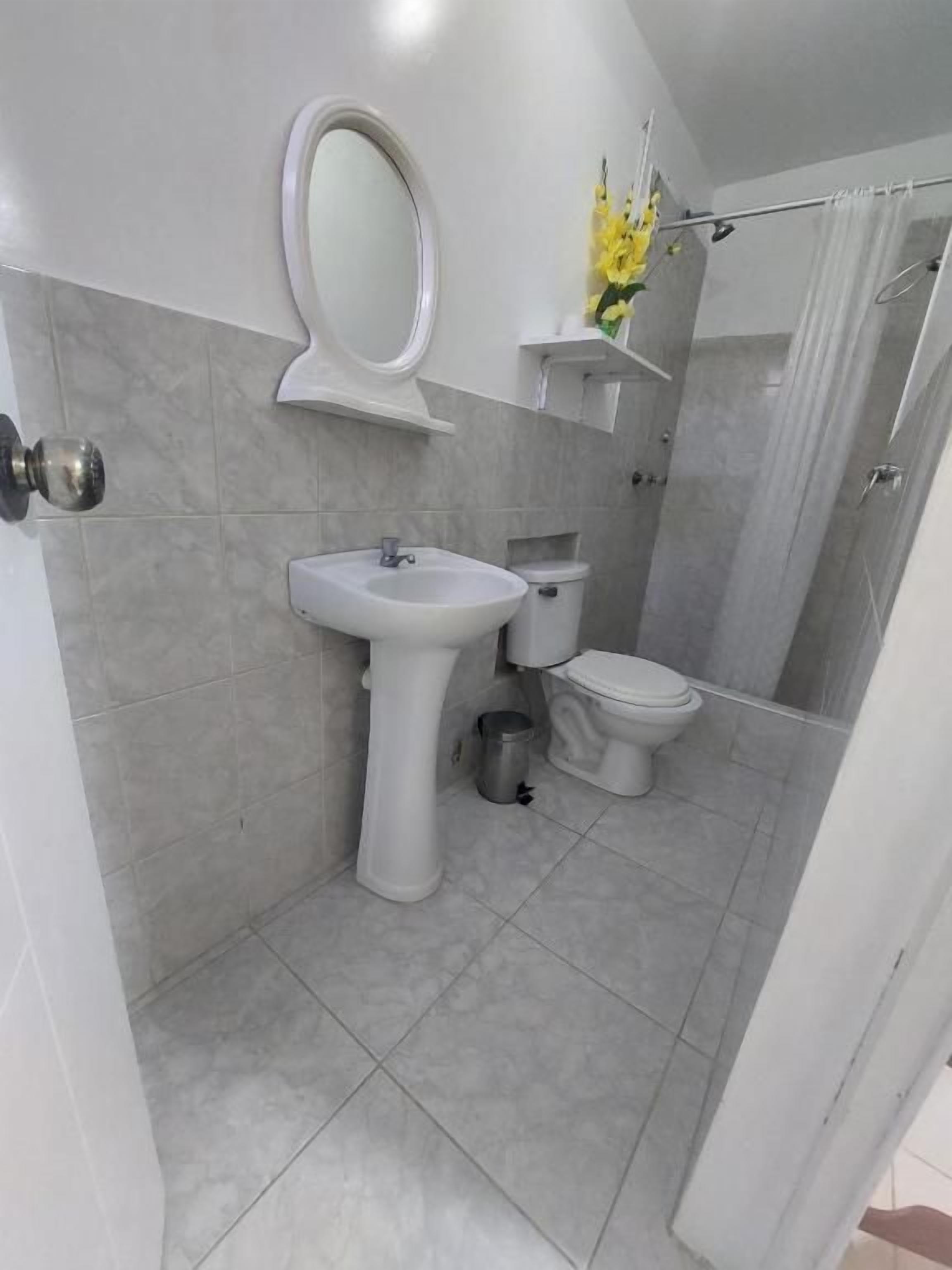 Un baño con lavamanos pedestal, inodoro y zona de ducha.
