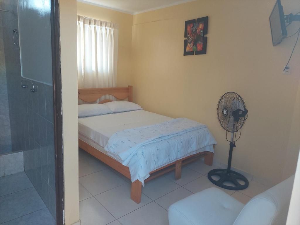 Un dormitorio con cama, ventilador y una silla.