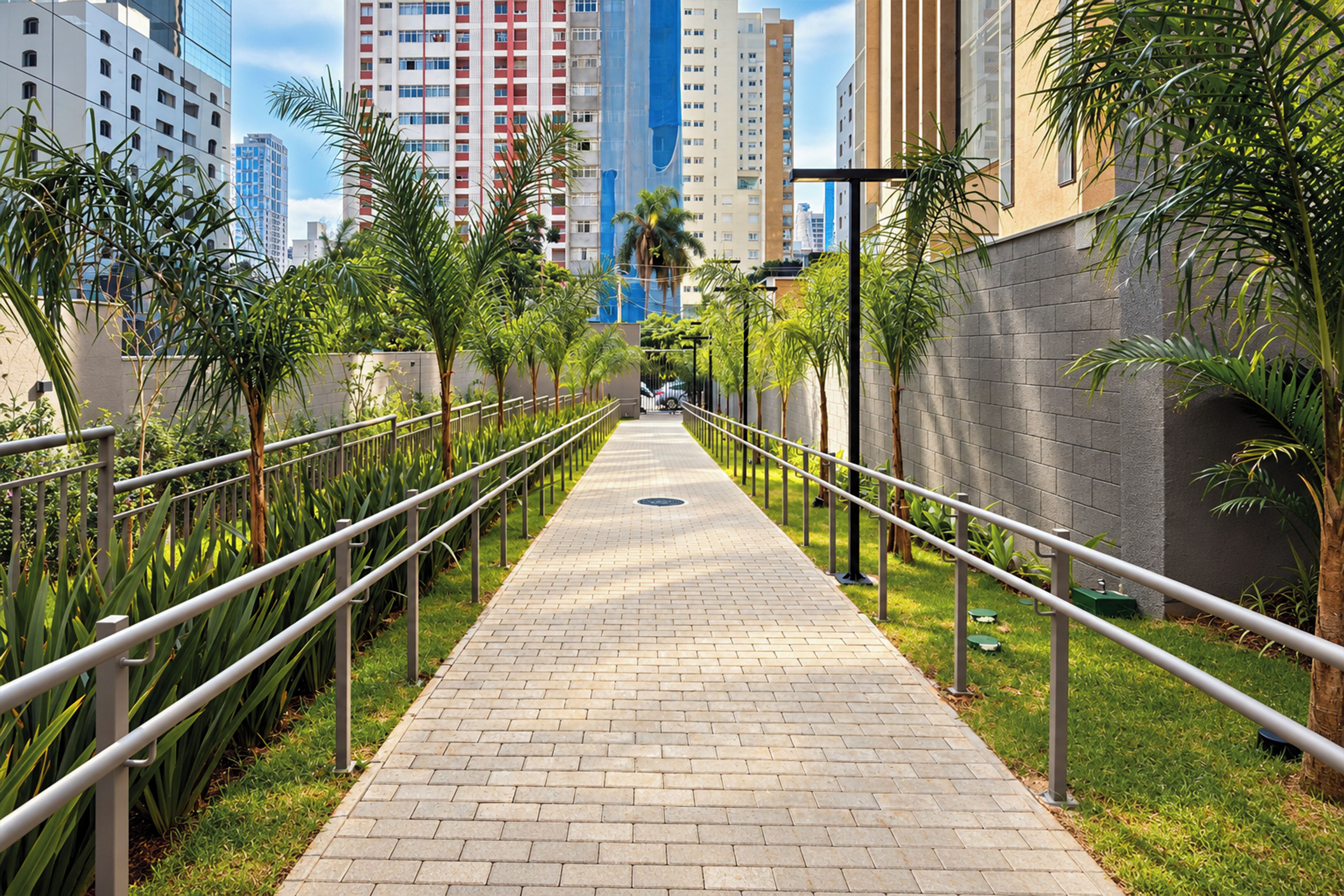 A paved pathway flanked by metal railings and lined with palm trees, leading towards a modern building complex.