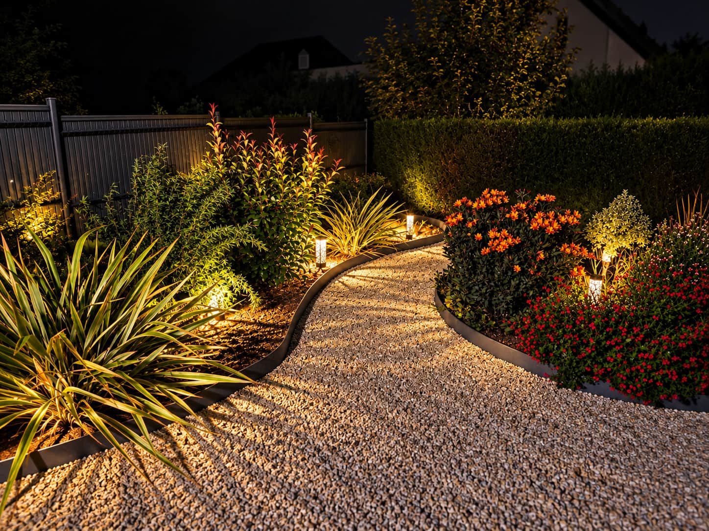 Een grindpad in een tuin, omringd door diverse planten en verlicht met sfeerverlichting.