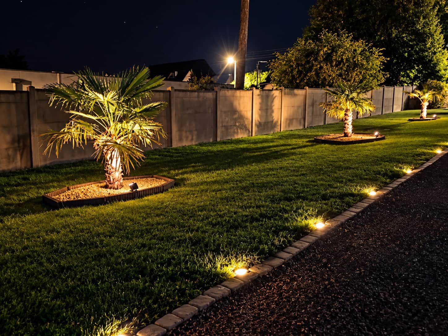 Un chemin de jardin bien éclairé, bordé de palmiers et doté d’une bordure pavée.