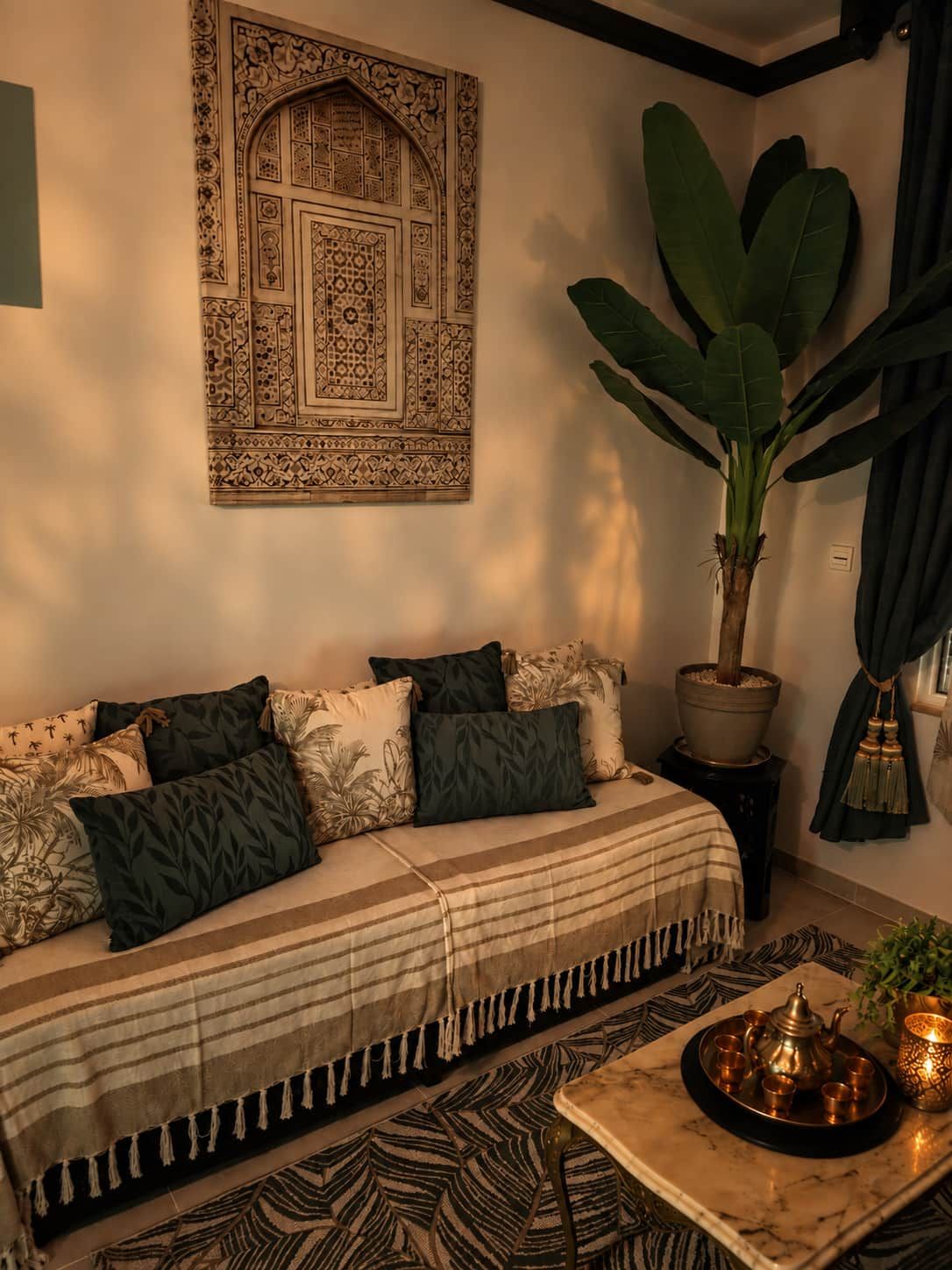 Een gezellige woonkamer met een bank, een grote potplant, een decoratief wandobject en een dienblad met theepot en kopjes.
