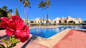 A swimming pool with lounge chairs and palm trees, surrounded by buildings with a Mediterranean architectural style. - Bohemian-style flat with swimming pools, near the beach (Vera)