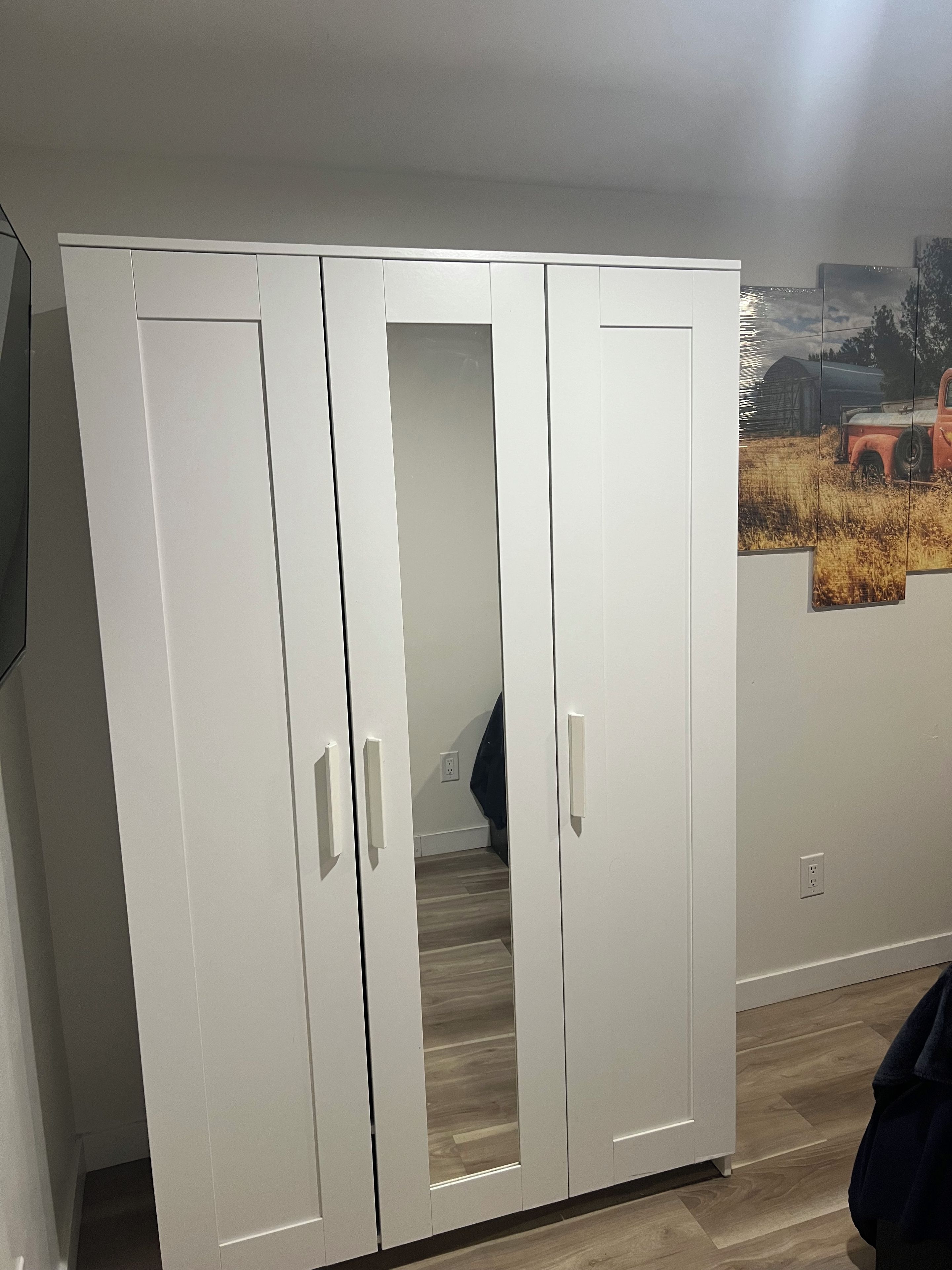 A white wardrobe with two doors and a mirror, a wooden floor, and a wall-mounted picture.