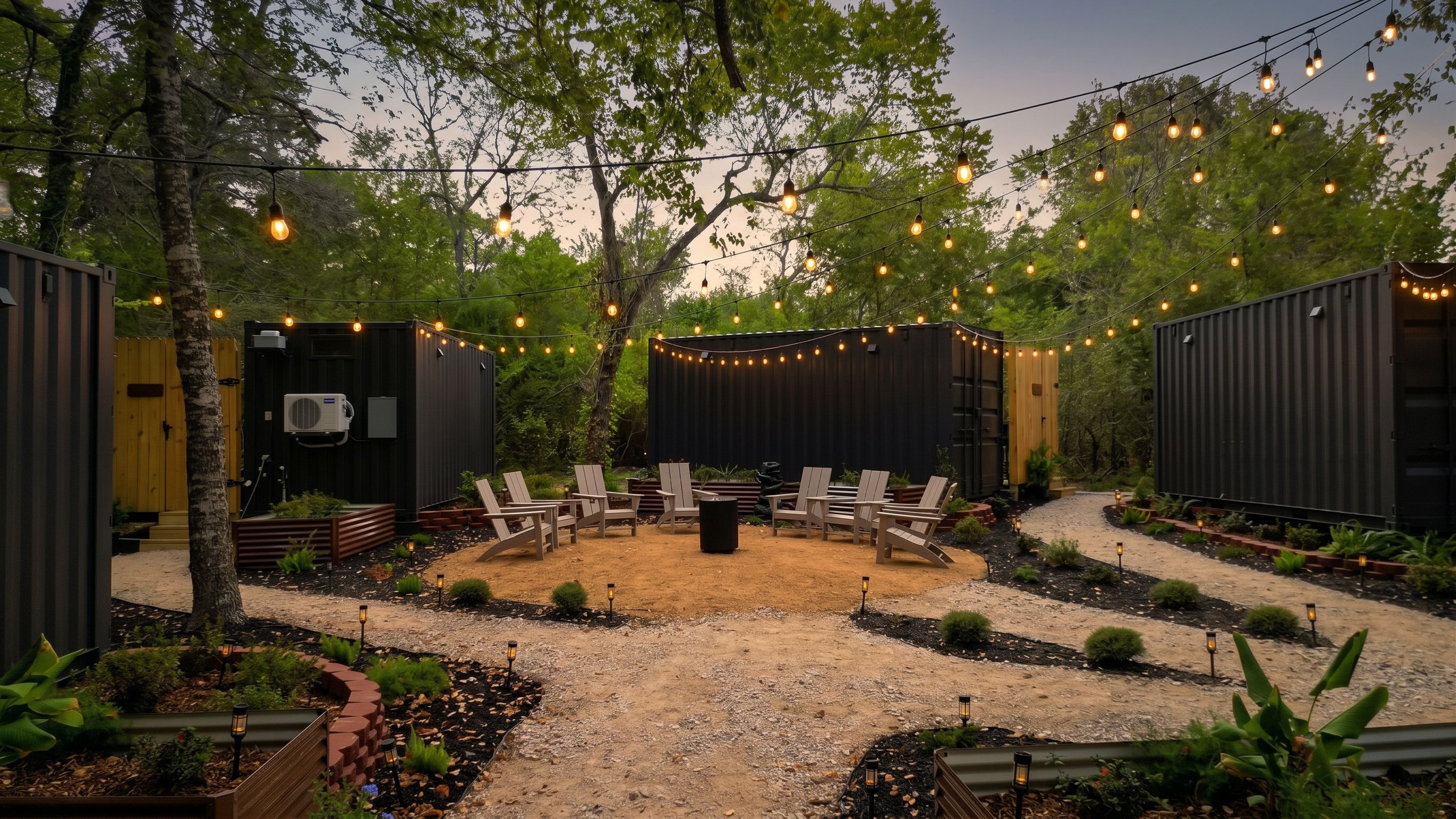 An outdoor patio with seating and string lights.