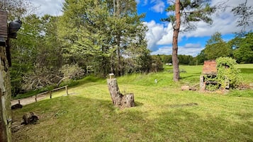 Un espace extérieur verdoyant, avec une structure en bois, un mur de pierre et un arbre.