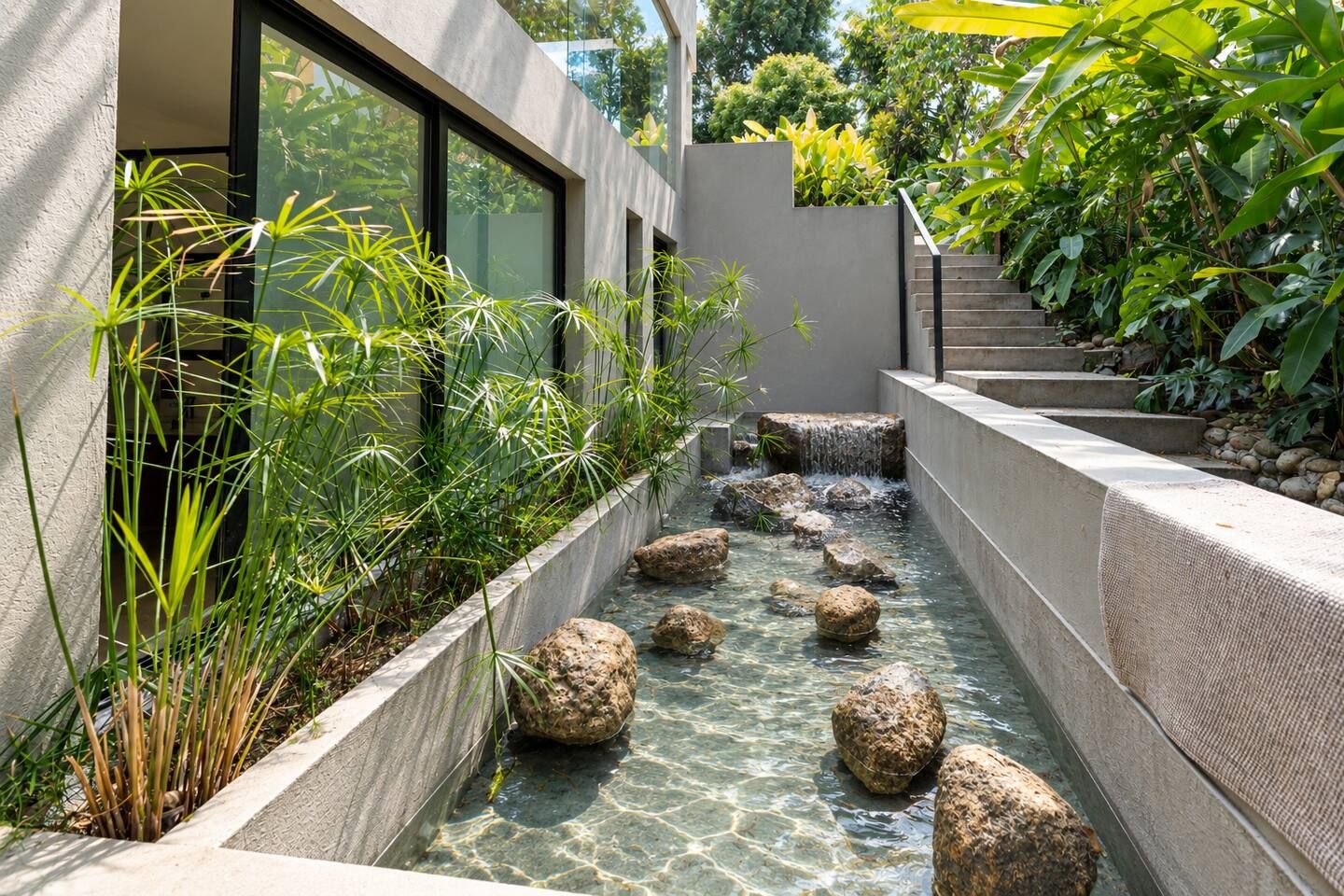 Un espacio exterior moderno con una fuente de agua cristalina, escalones de piedra y abundante vegetación.