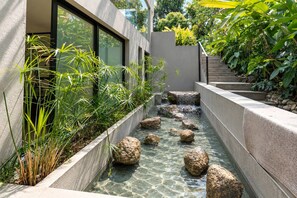 Un espacio exterior moderno con una fuente de agua cristalina, escalones de piedra y abundante vegetación.