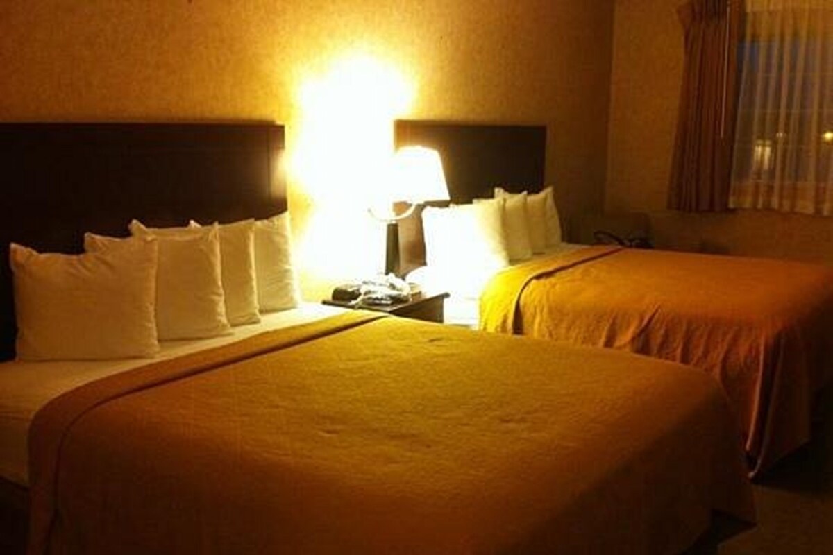 Quarto de hotel com duas camas, uma mesa de cabeceira e uma luminária.