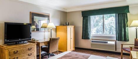 A hotel room with a bed, a desk with a television, a chair, a wardrobe, and a window with curtains.