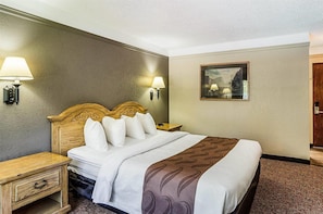 A hotel room with a bed, bedside tables, lamps, and a framed picture on the wall.