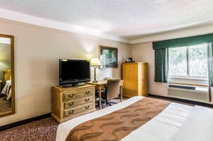 Una habitación de hotel con una cama, un escritorio con silla, televisor, armario y ventana con cortinas.