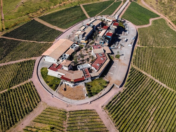 An aerial view of a vineyard with a central building surrounded by terraced fields.