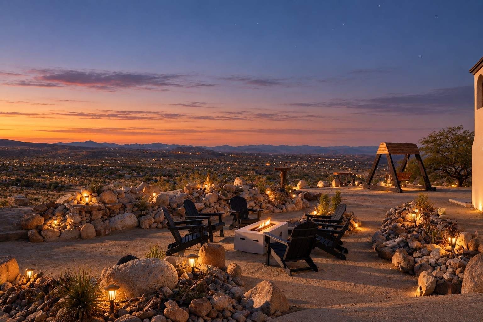 Un paysage désertique au coucher du soleil, avec un espace extérieur aménagé avec des chaises et un foyer, et une vue sur la ville au loin.