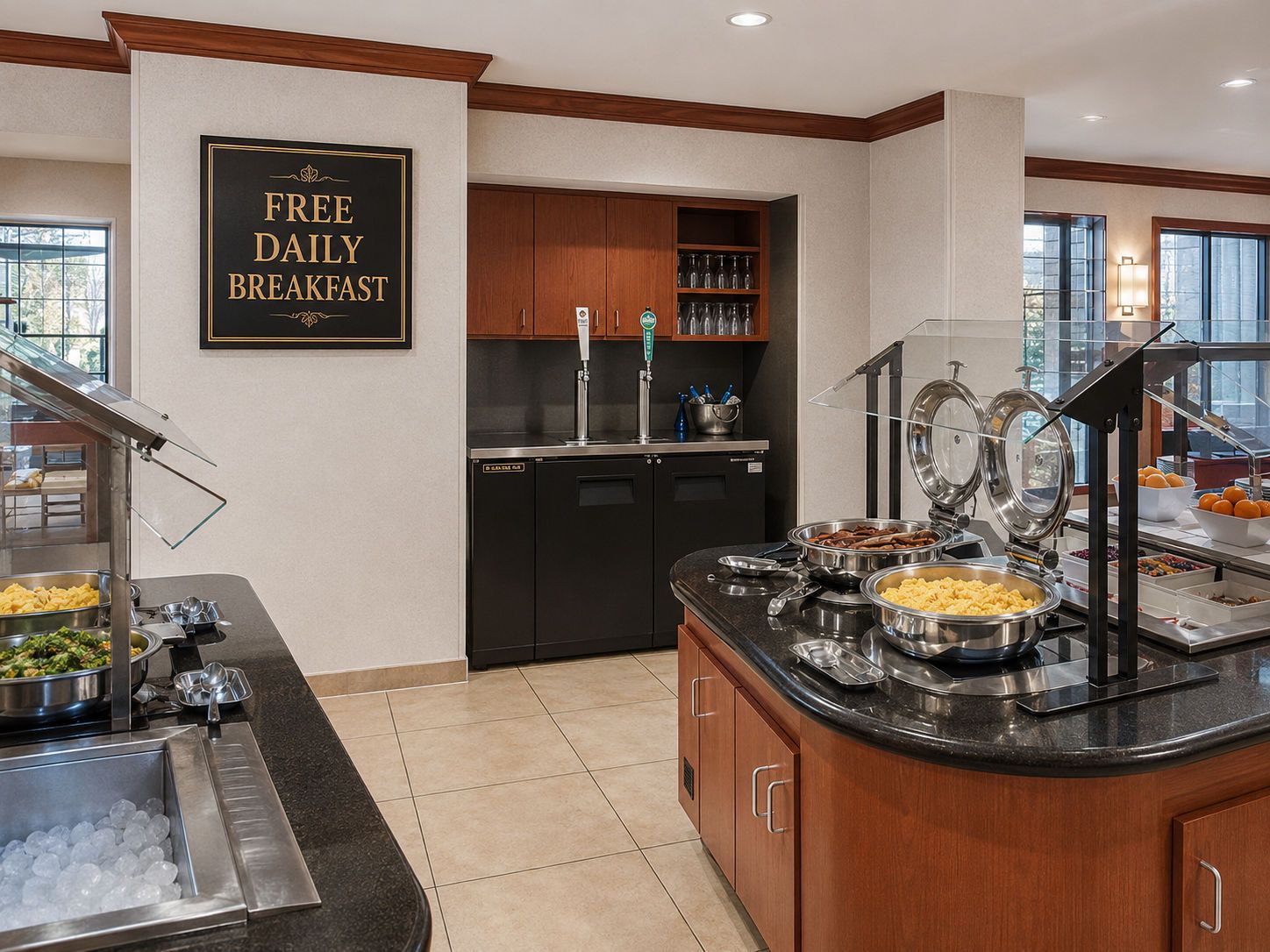 A breakfast buffet area with a sign stating 'FREE DAILY BREAKFAST.'