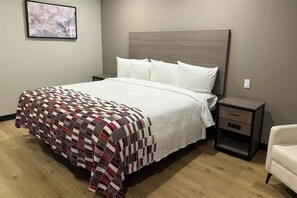 Una habitación de hotel con una cama, una mesita de noche, una silla y un cuadro colgado en la pared.