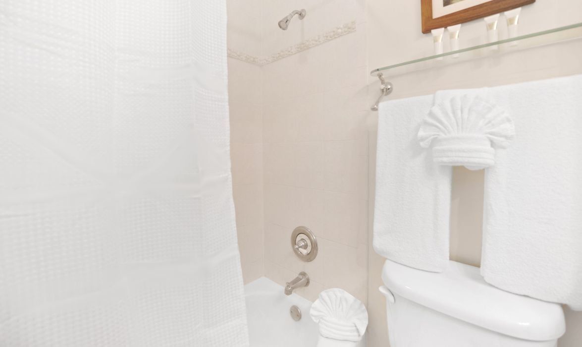 A bathroom with a shower, toilet, and towel rack.